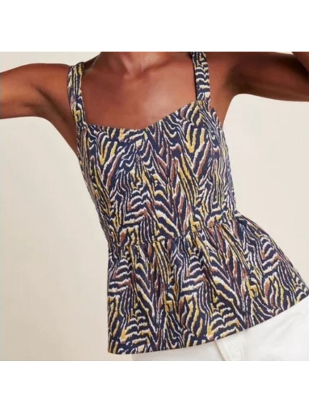 Anthropologie Jamie Abstract Zebra-Print Peplum Top in Navy and Yellow